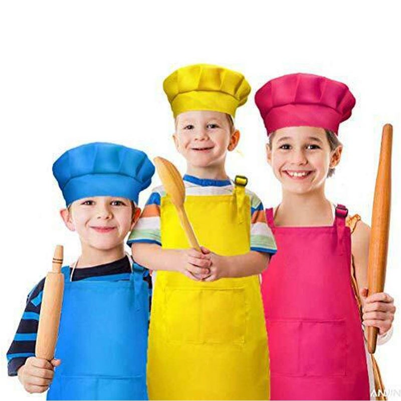 Tamicy 10 Pieces Kids Chef Hat and Apron Set - Child Kitchen Bib Aprons with Pockets Girls Boys Chef Hats for Cooking Baking Gardening Painting Wear (Black White Wine Red Yellow Red) - Image 5